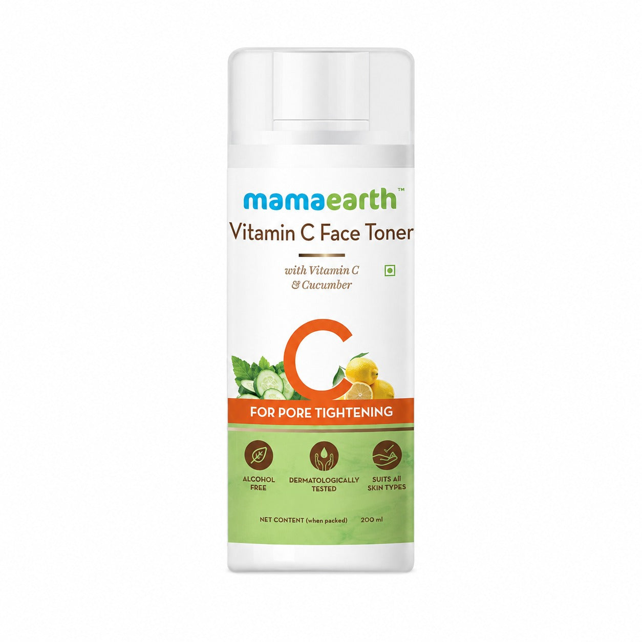 Mamaearth Vitamin C Face Toner is an alcohol-free, 200ml pore-tightening toner formulated with Vitamin C, cucumber, aloe vera, and witch hazel.